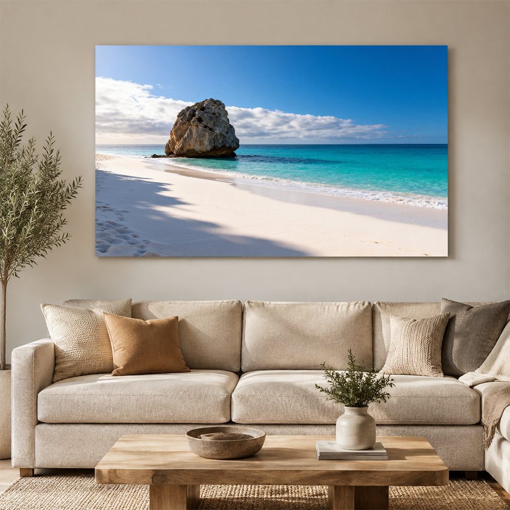 White Beach Rock canvas wall art, living room mockup above a sofa.