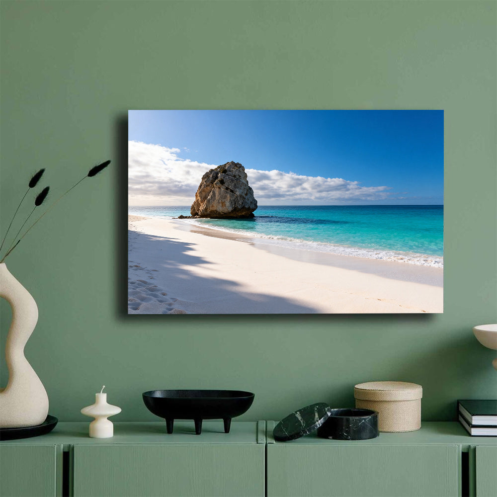 White Beach Rock canvas wall art, mockup on a green wall.