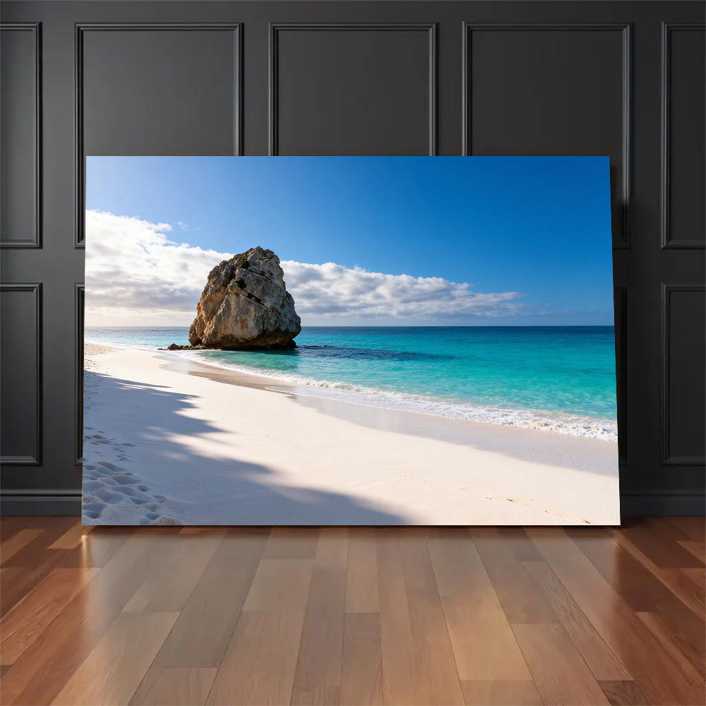 White Beach Rock canvas wall art, floor display against a dark wall.