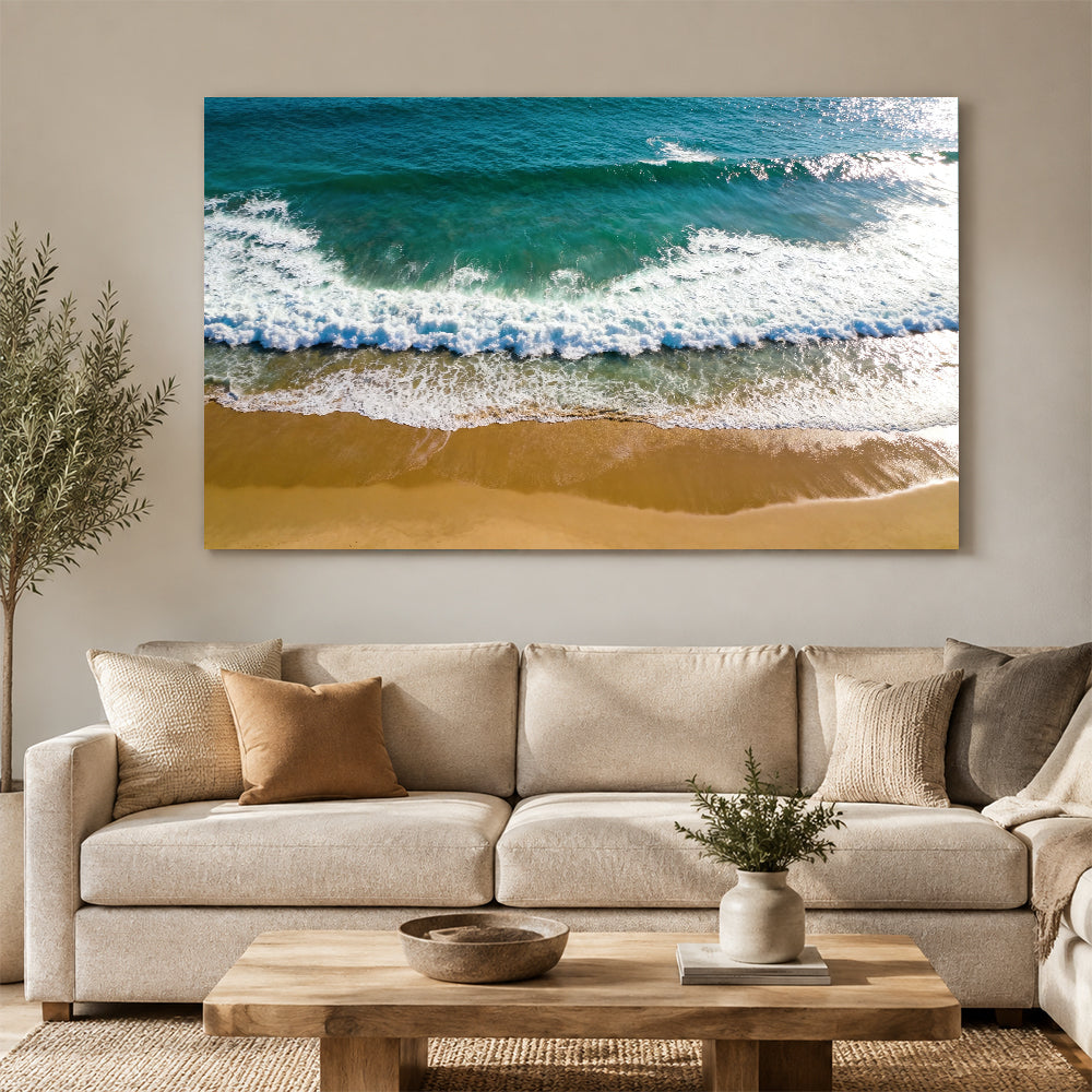 Emerald Wave from Above canvas wall art, living room mockup above a sofa.