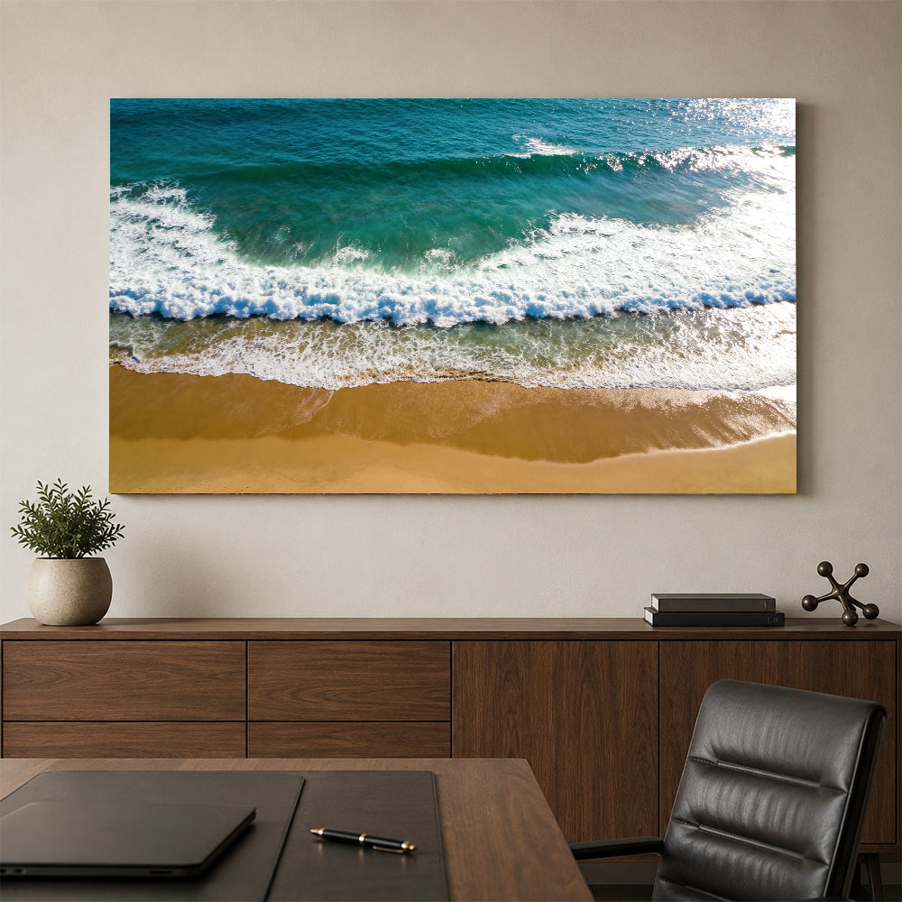 Emerald Wave from Above canvas wall art, office mockup above a desk.