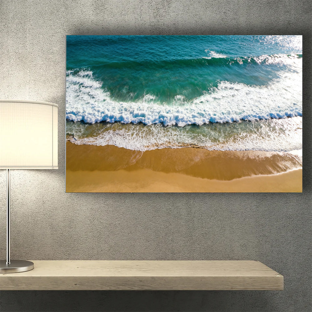 Emerald Wave from Above canvas wall art, wall mockup above a console.