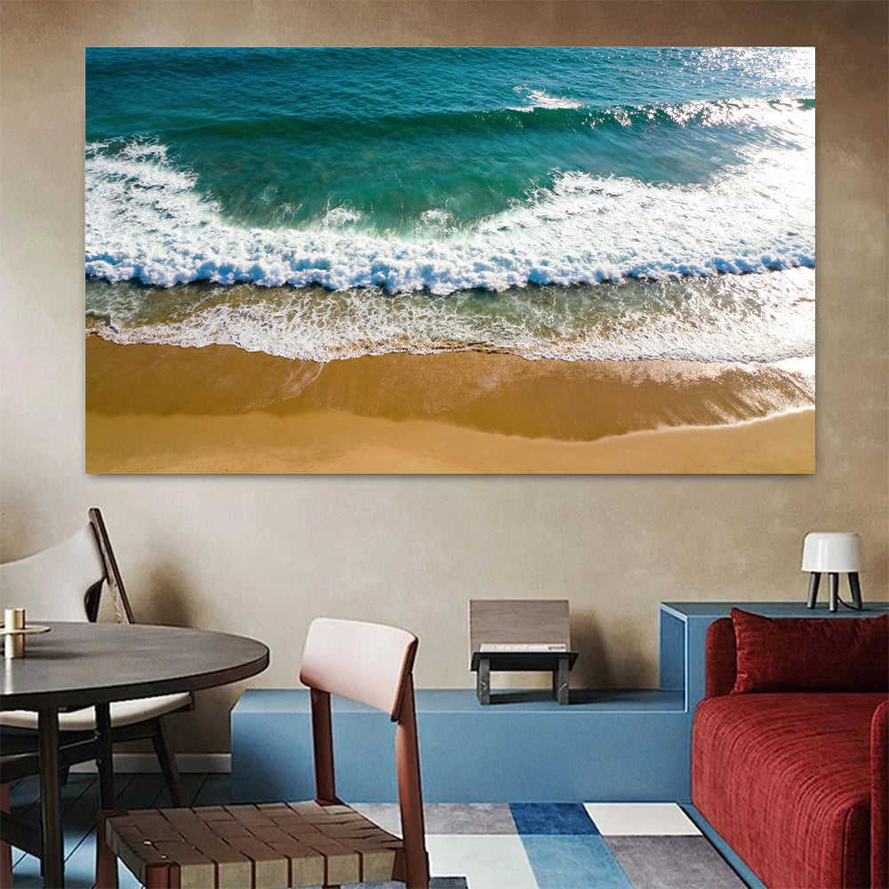 Emerald Wave from Above canvas wall art, colorful room mockup.