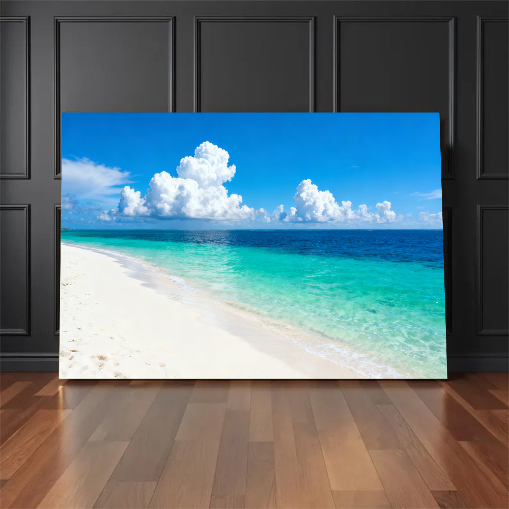 Bright Island Horizon canvas wall art, floor display against a dark wall.