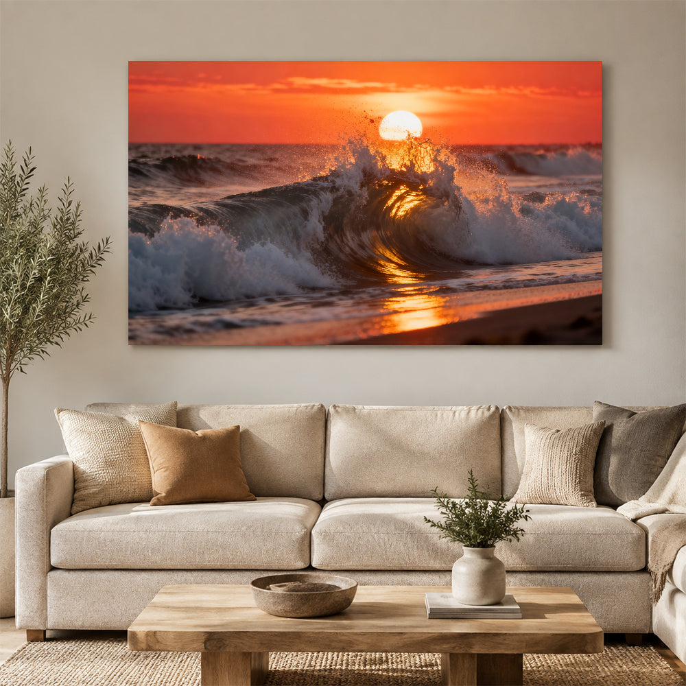 Sunset Wave Crest canvas wall art, living room mockup above a sofa.