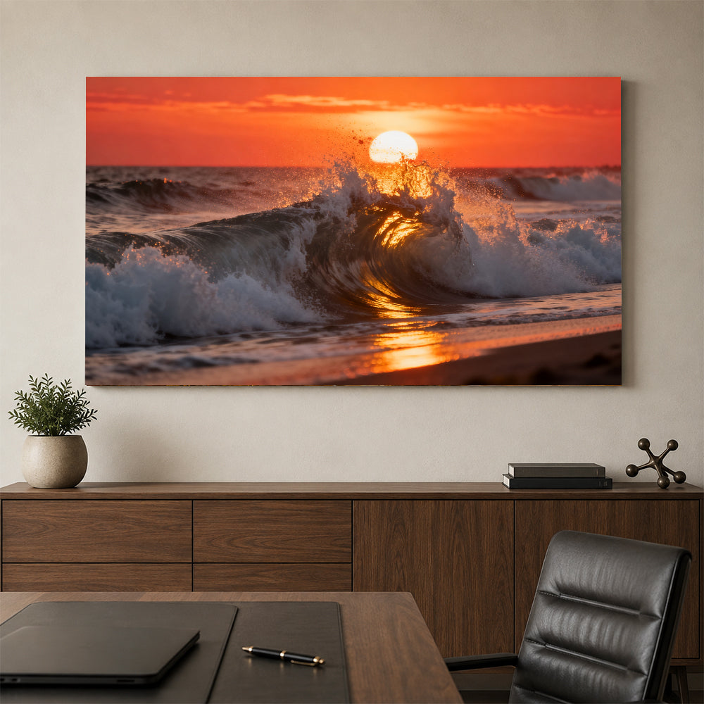 Sunset Wave Crest canvas wall art, office mockup above a desk.