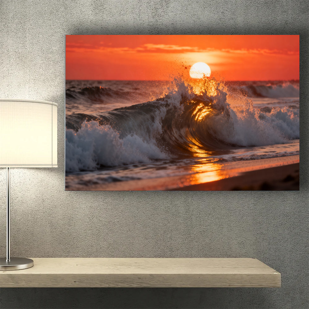 Sunset Wave Crest canvas wall art, wall mockup above a console.