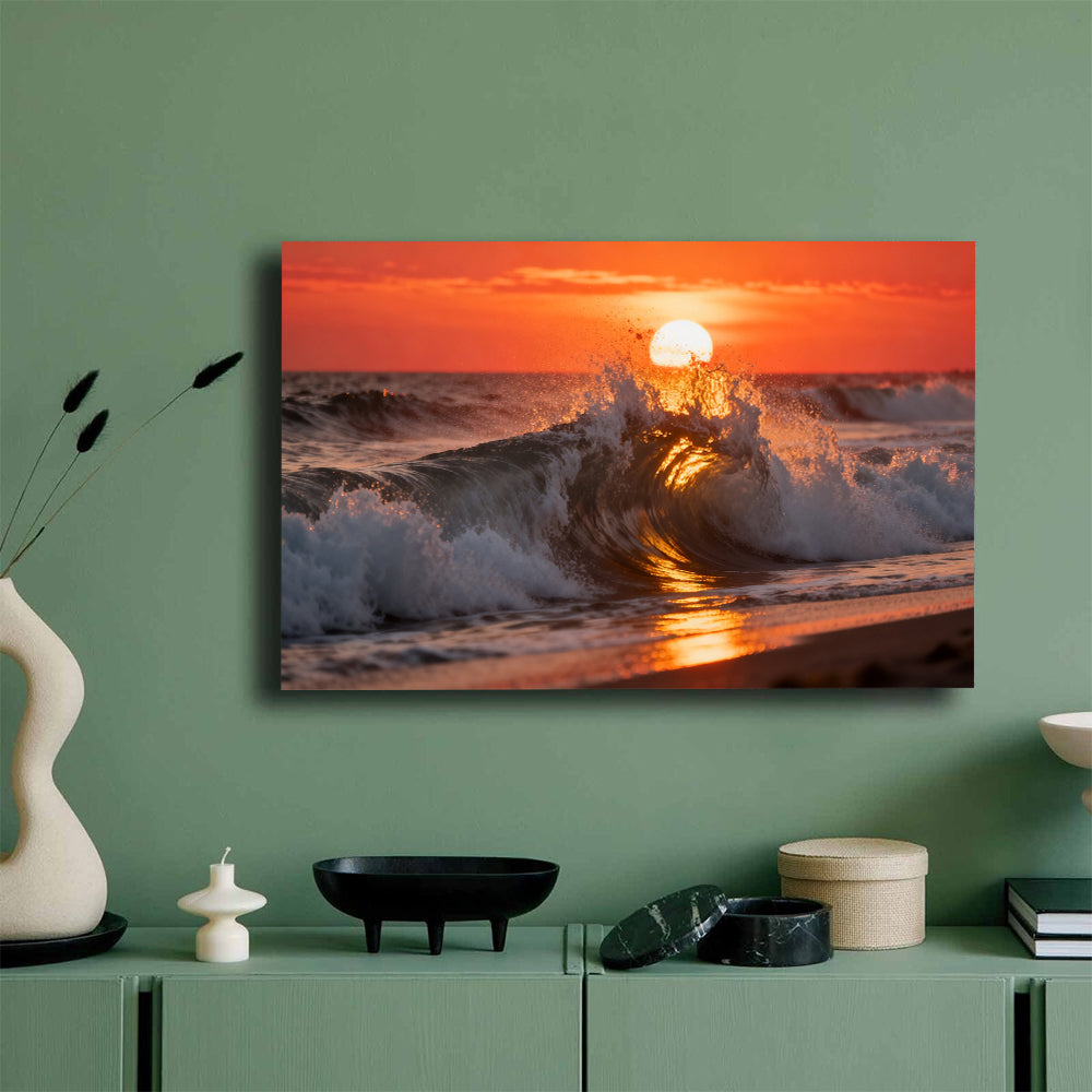 Sunset Wave Crest canvas wall art, mockup on a green wall.