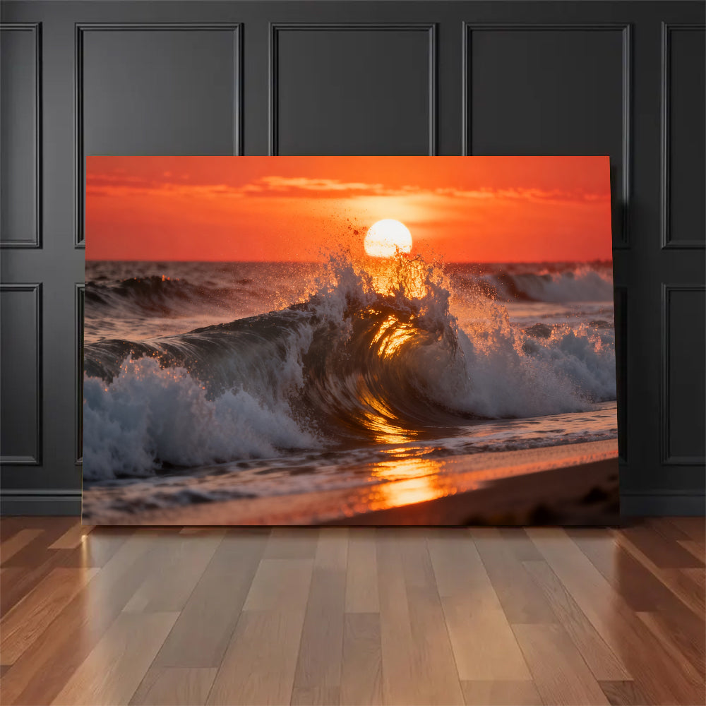Sunset Wave Crest canvas wall art, floor display against a dark wall.