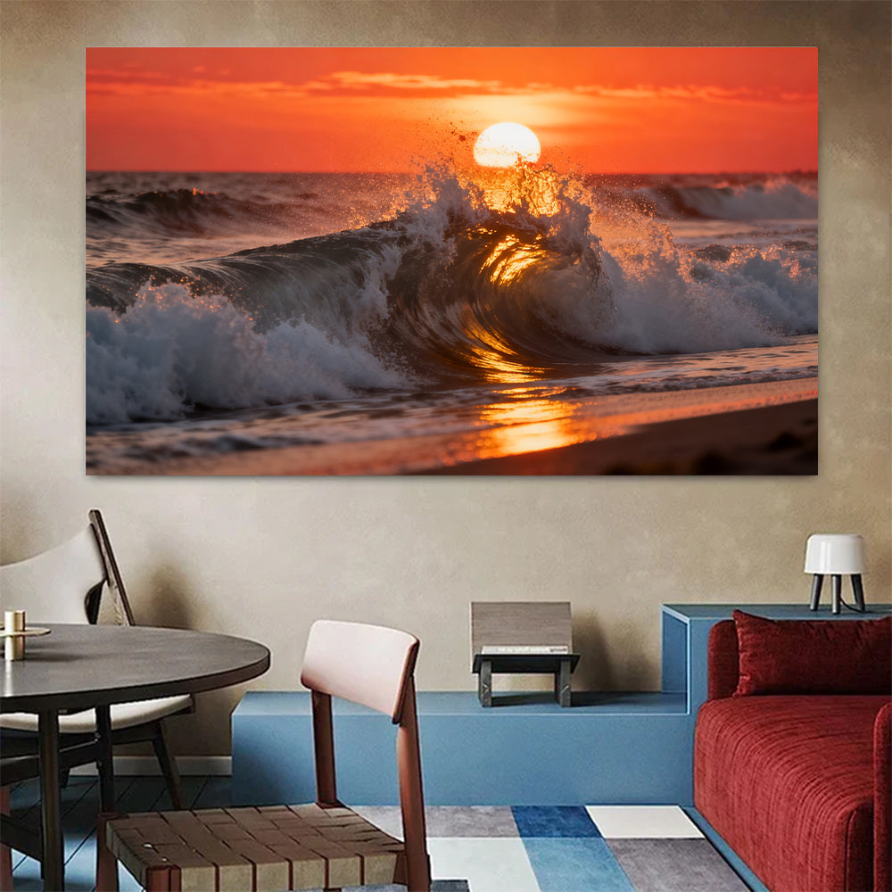 Sunset Wave Crest canvas wall art, colorful room mockup.