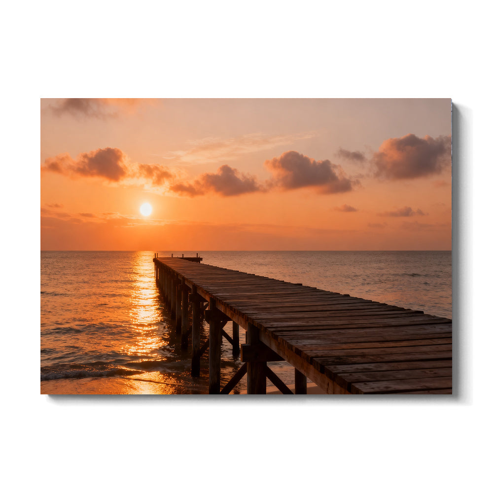 Quiet Sunset Pier canvas wall art, front view on a white background.