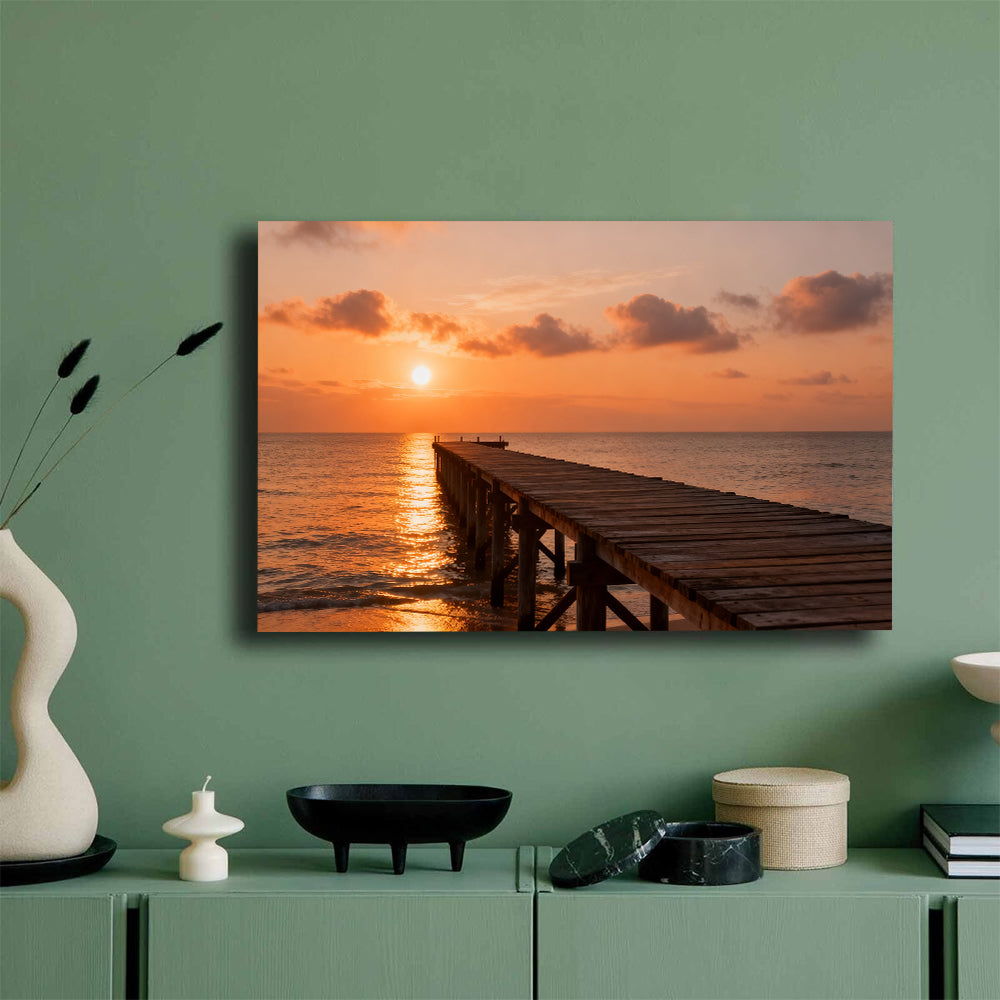 Quiet Sunset Pier canvas wall art, mockup on a green wall.
