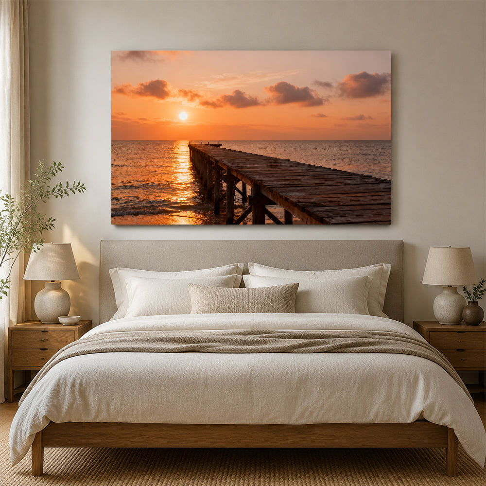 Quiet Sunset Pier canvas wall art, bedroom mockup above a bed.