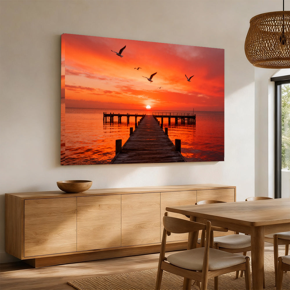 Seabirds over Crimson Pier canvas wall art, angled mockup above a sideboard.