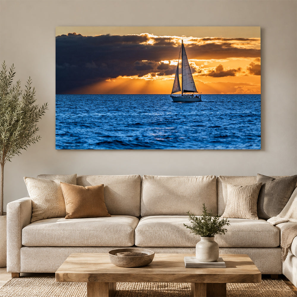 Sailing into Golden Light canvas wall art, living room mockup above a sofa.