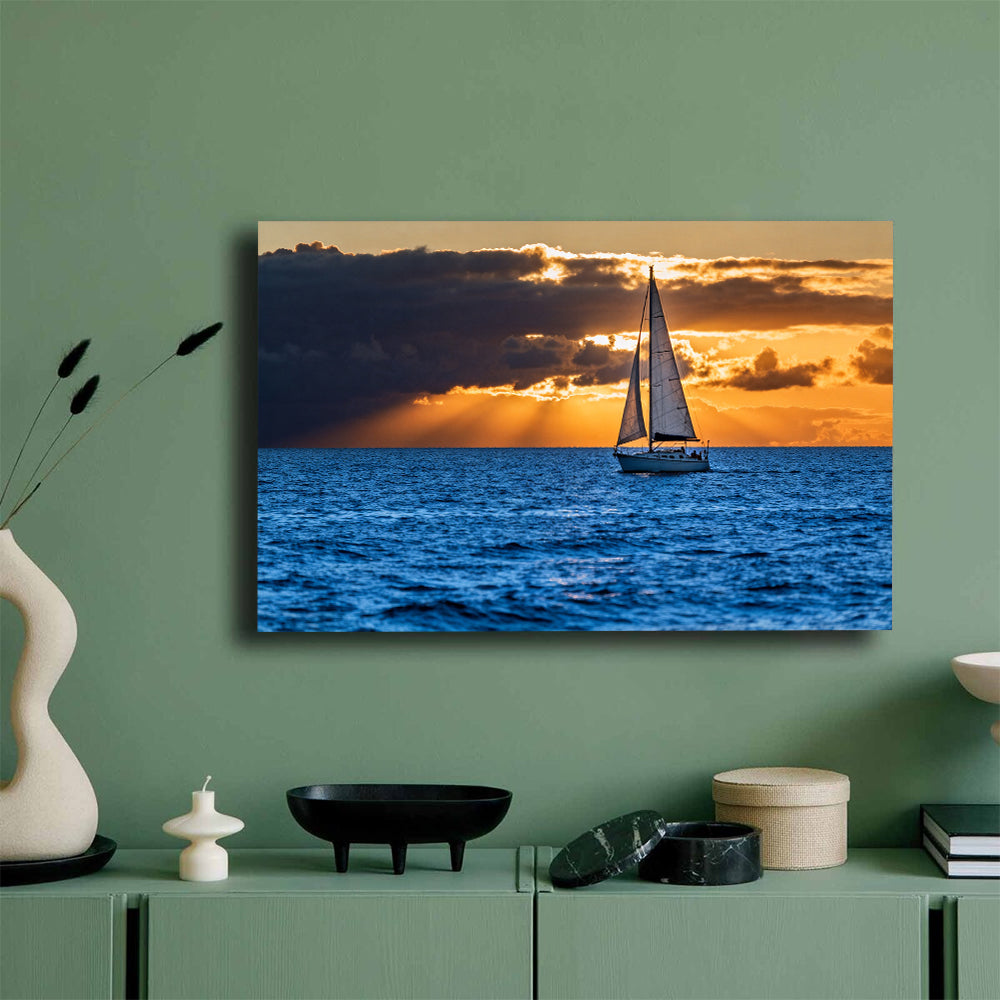 Sailing into Golden Light canvas wall art, mockup on a green wall.