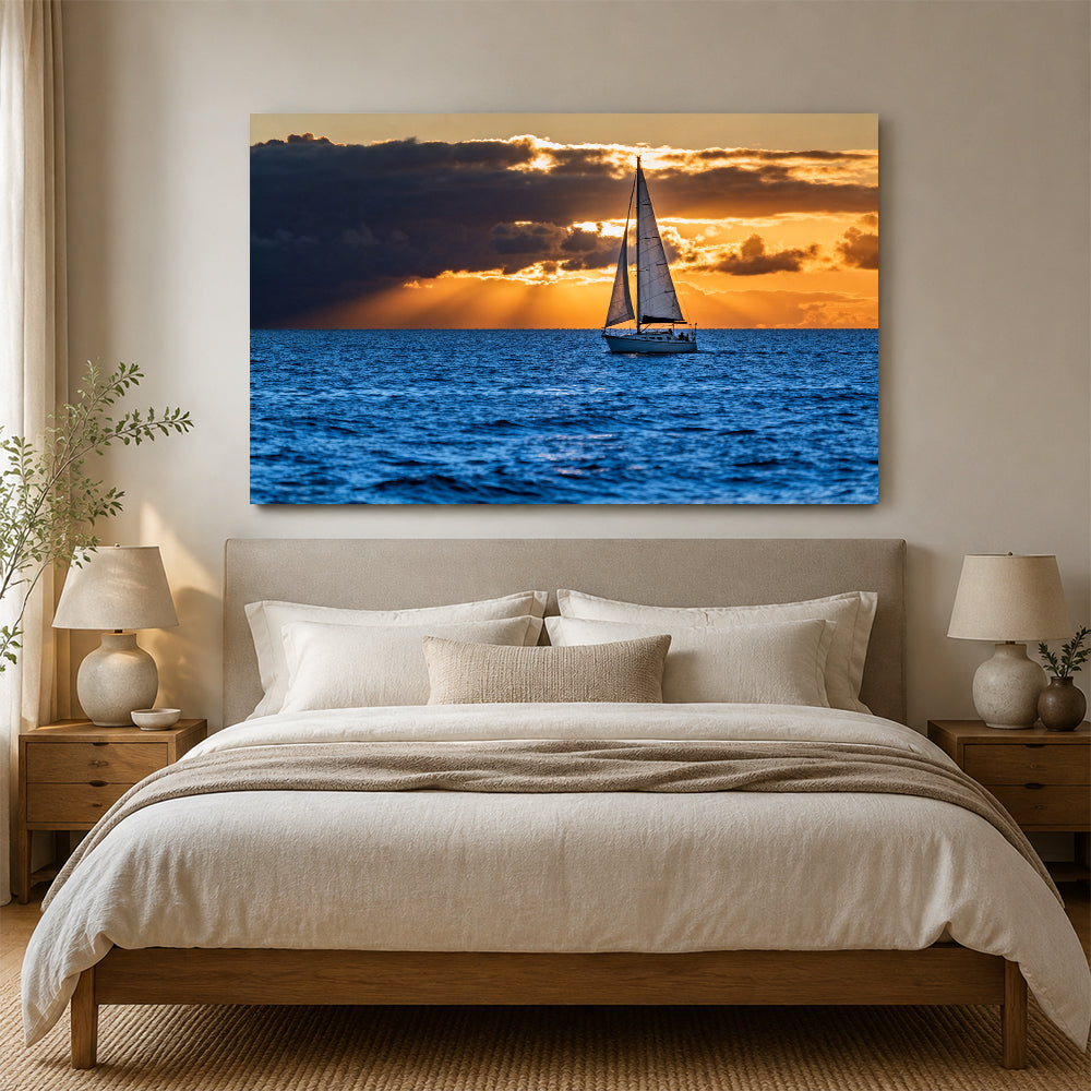 Sailing into Golden Light canvas wall art, bedroom mockup above a bed.