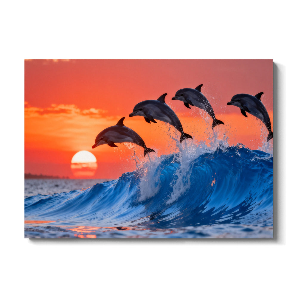 Dolphins at Sunset canvas wall art, front view on a white background.