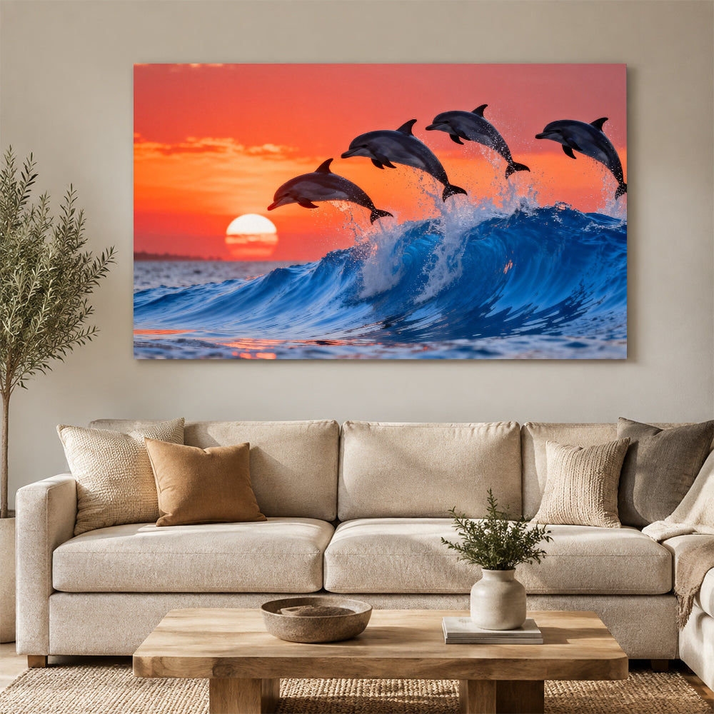 Dolphins at Sunset canvas wall art, living room mockup above a sofa.