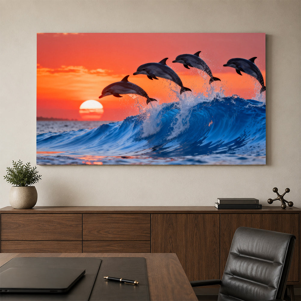 Dolphins at Sunset canvas wall art, office mockup above a desk.