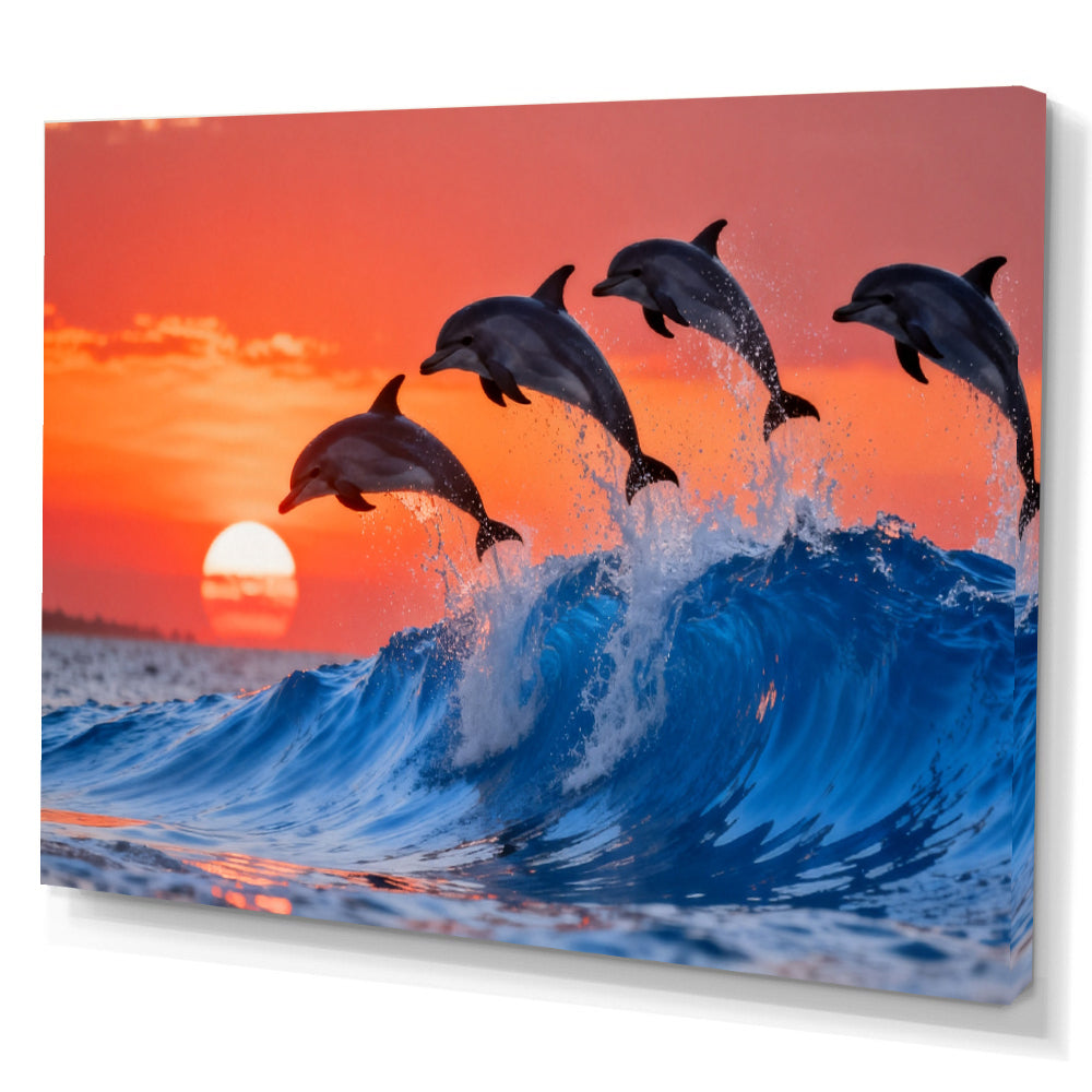 Dolphins at Sunset canvas wall art, angled canvas mockup on a white background.