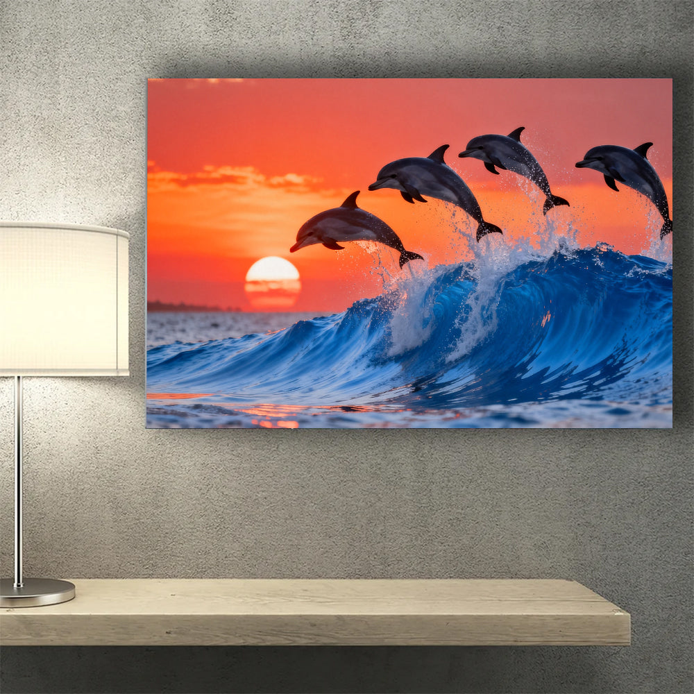 Dolphins at Sunset canvas wall art, wall mockup above a console.