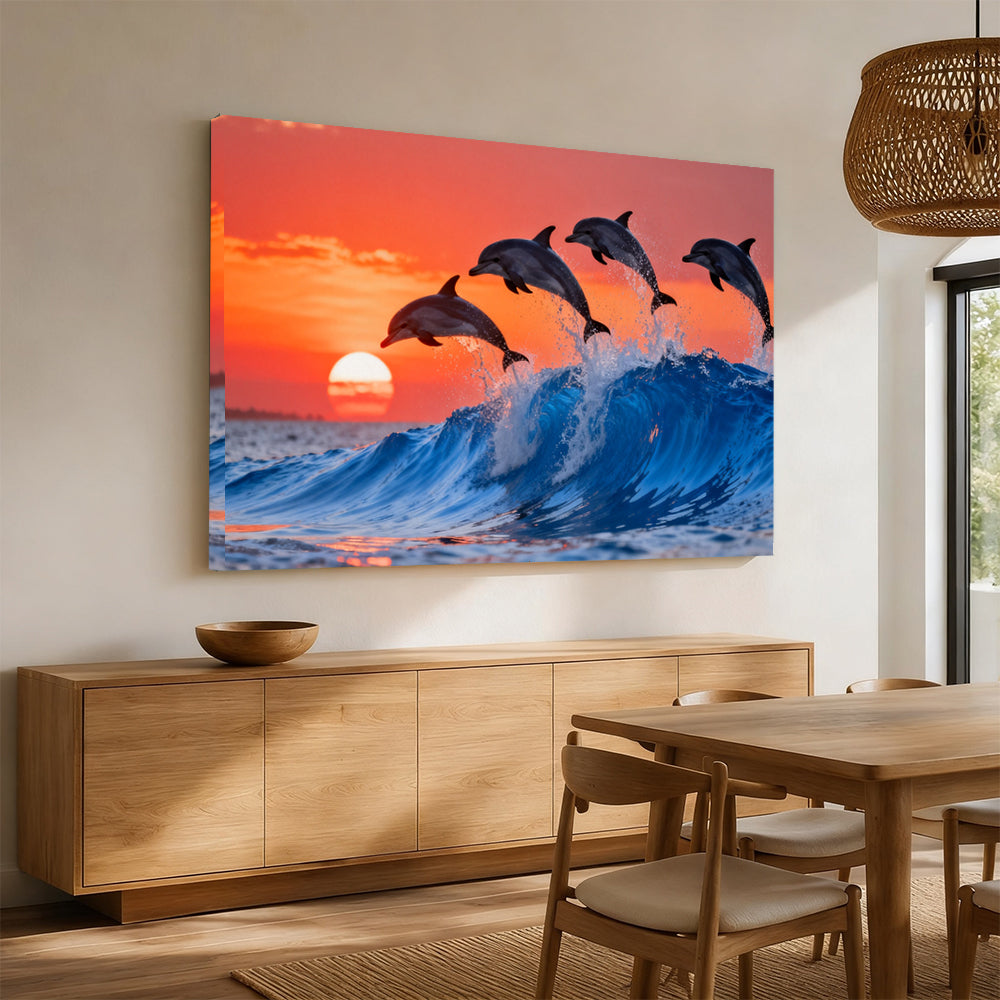 Dolphins at Sunset canvas wall art, angled mockup above a sideboard.
