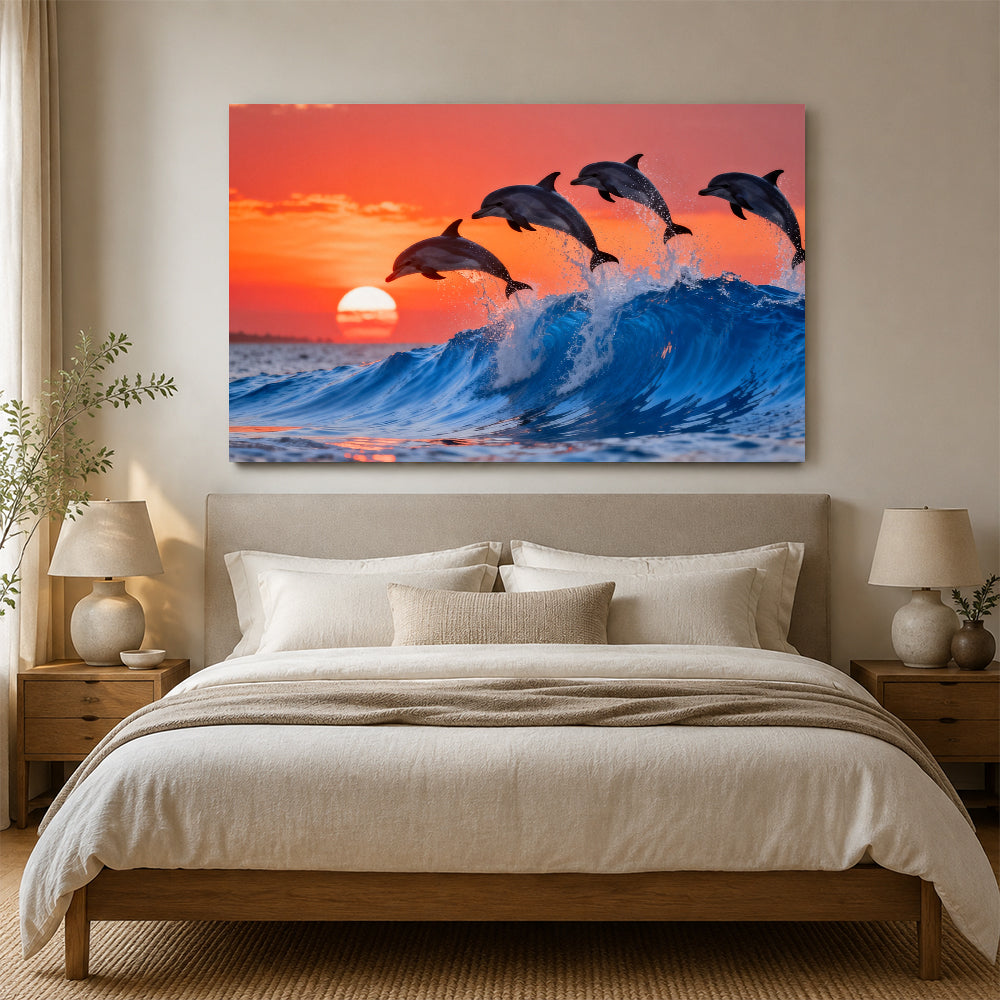 Dolphins at Sunset canvas wall art, bedroom mockup above a bed.