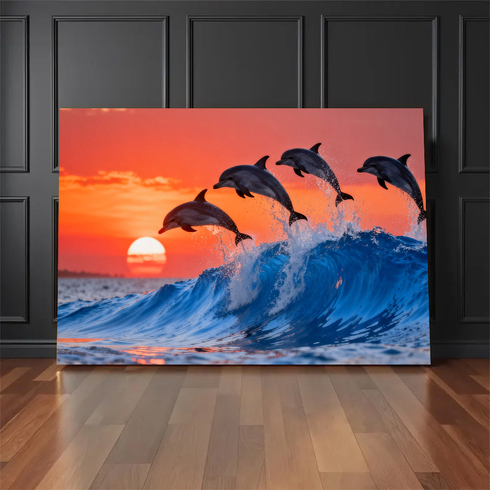Dolphins at Sunset canvas wall art, floor display against a dark wall.