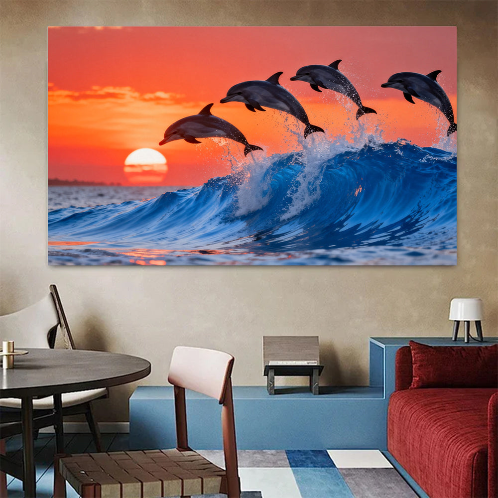 Dolphins at Sunset canvas wall art, colorful room mockup.