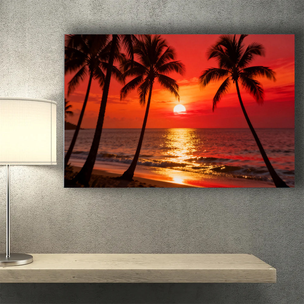 Scarlet Palm Evening canvas wall art, wall mockup above a console.