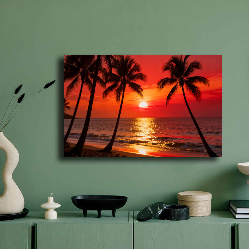 Scarlet Palm Evening canvas wall art, mockup on a green wall.