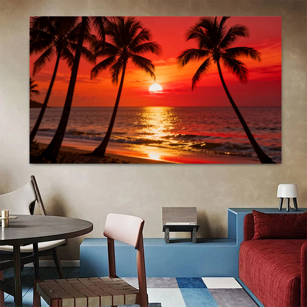 Scarlet Palm Evening canvas wall art, colorful room mockup.