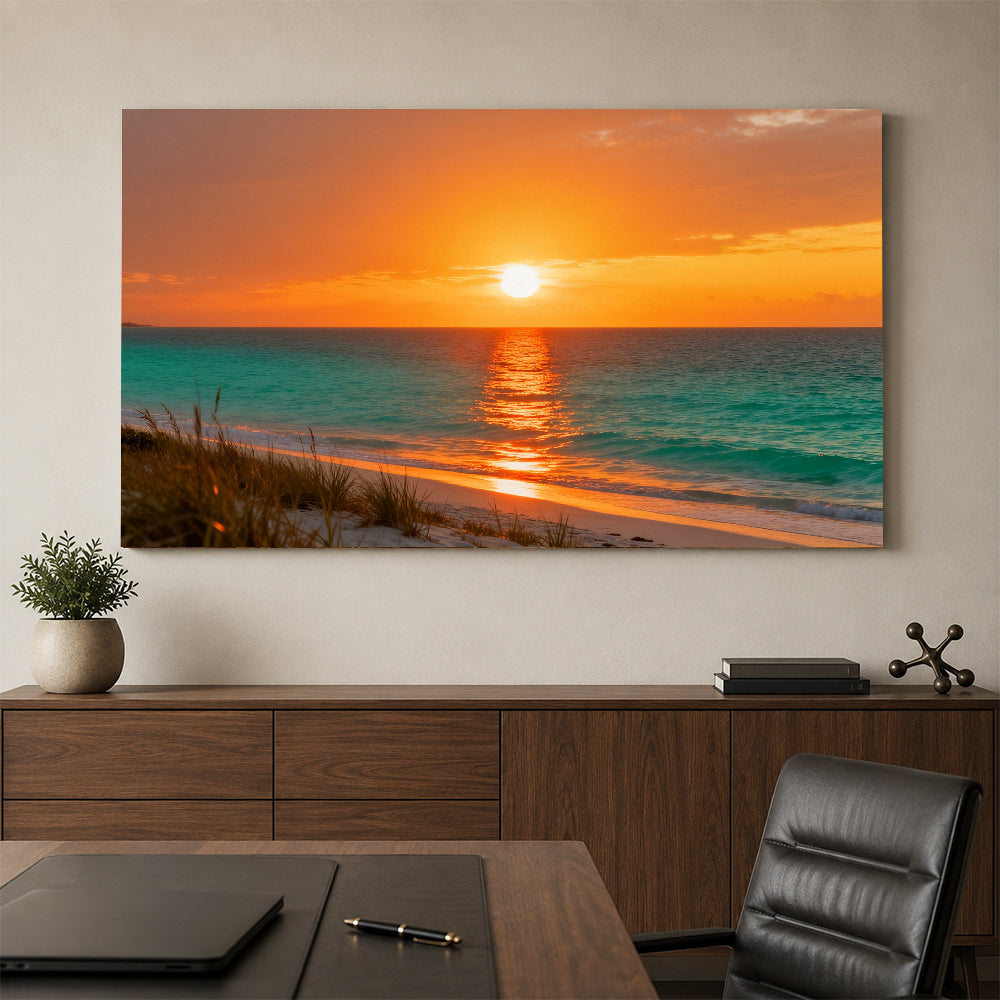 Golden Dune Sunset canvas wall art, office mockup above a desk.