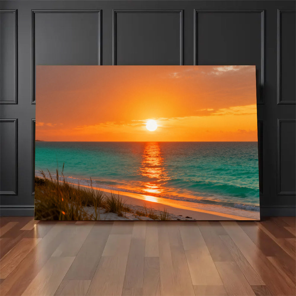 Golden Dune Sunset canvas wall art, floor display against a dark wall.
