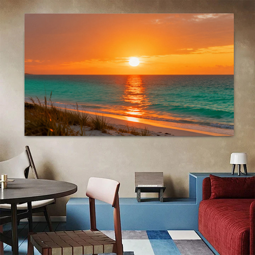 Golden Dune Sunset canvas wall art, colorful room mockup.