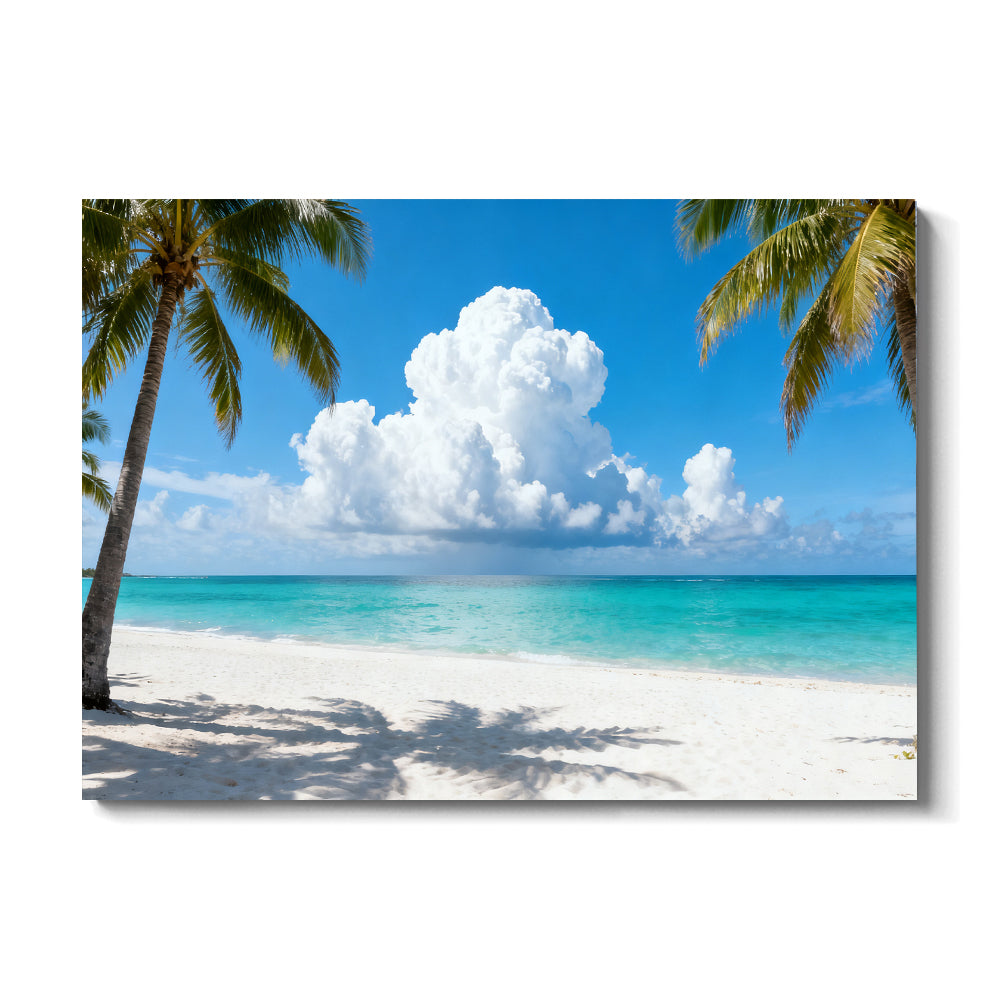 Palm Framed Blue Horizon canvas wall art, front view on a white background.