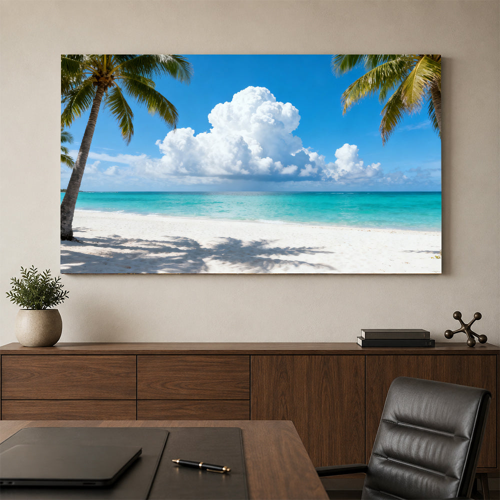 Palm Framed Blue Horizon canvas wall art, office mockup above a desk.