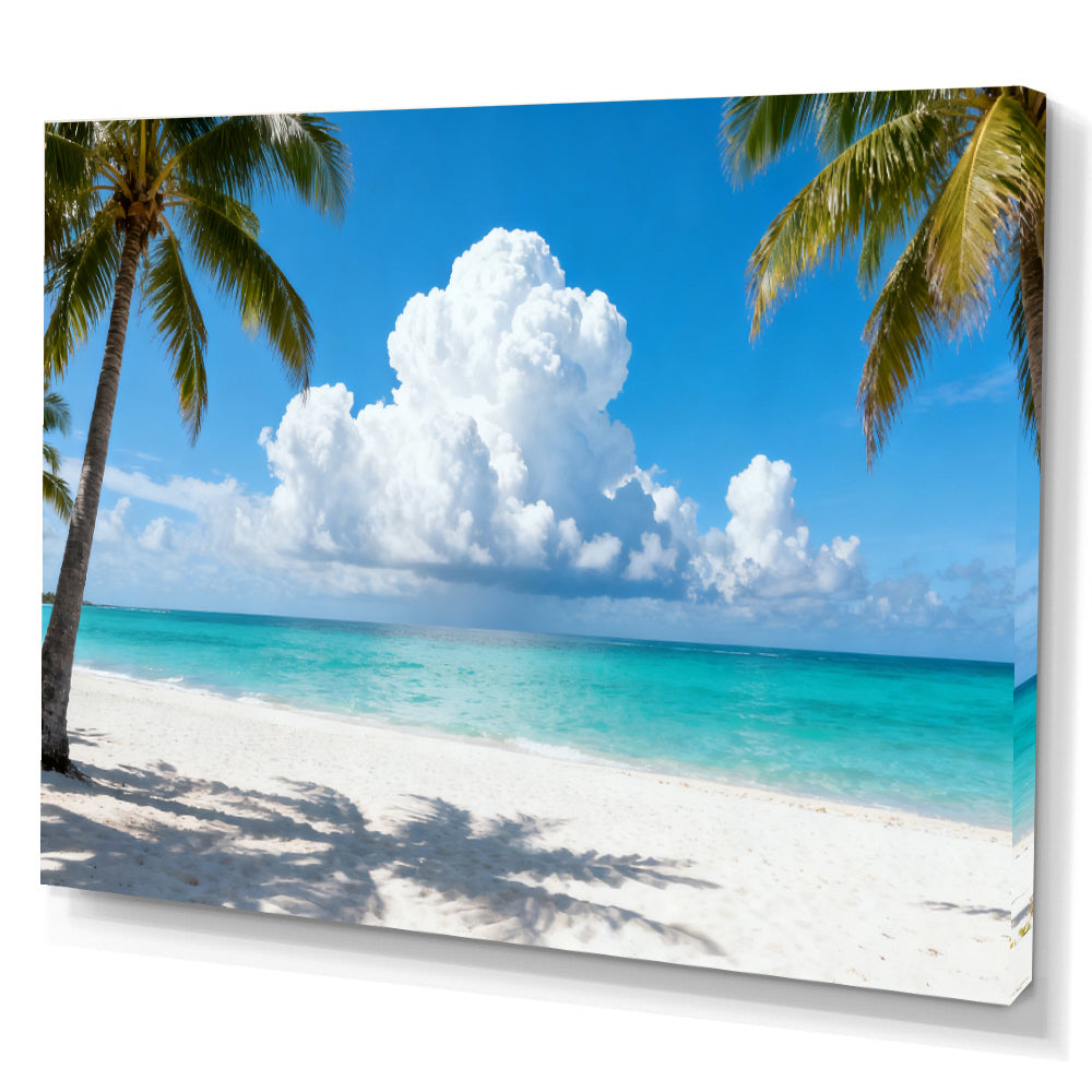 Palm Framed Blue Horizon canvas wall art, angled canvas mockup on a white background.
