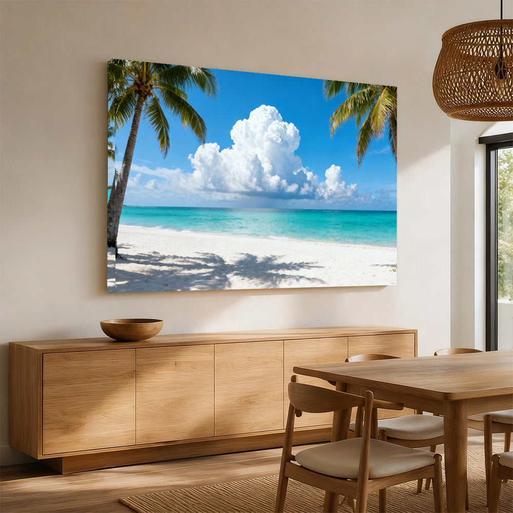 Palm Framed Blue Horizon canvas wall art, angled mockup above a sideboard.