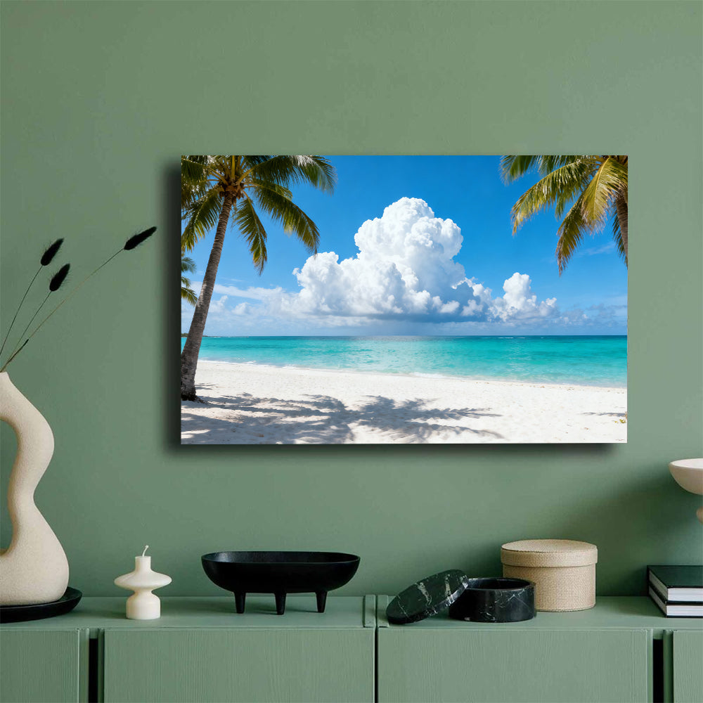 Palm Framed Blue Horizon canvas wall art, mockup on a green wall.