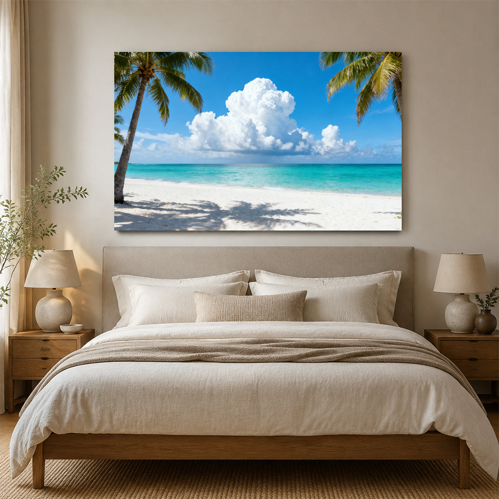 Palm Framed Blue Horizon canvas wall art, bedroom mockup above a bed.