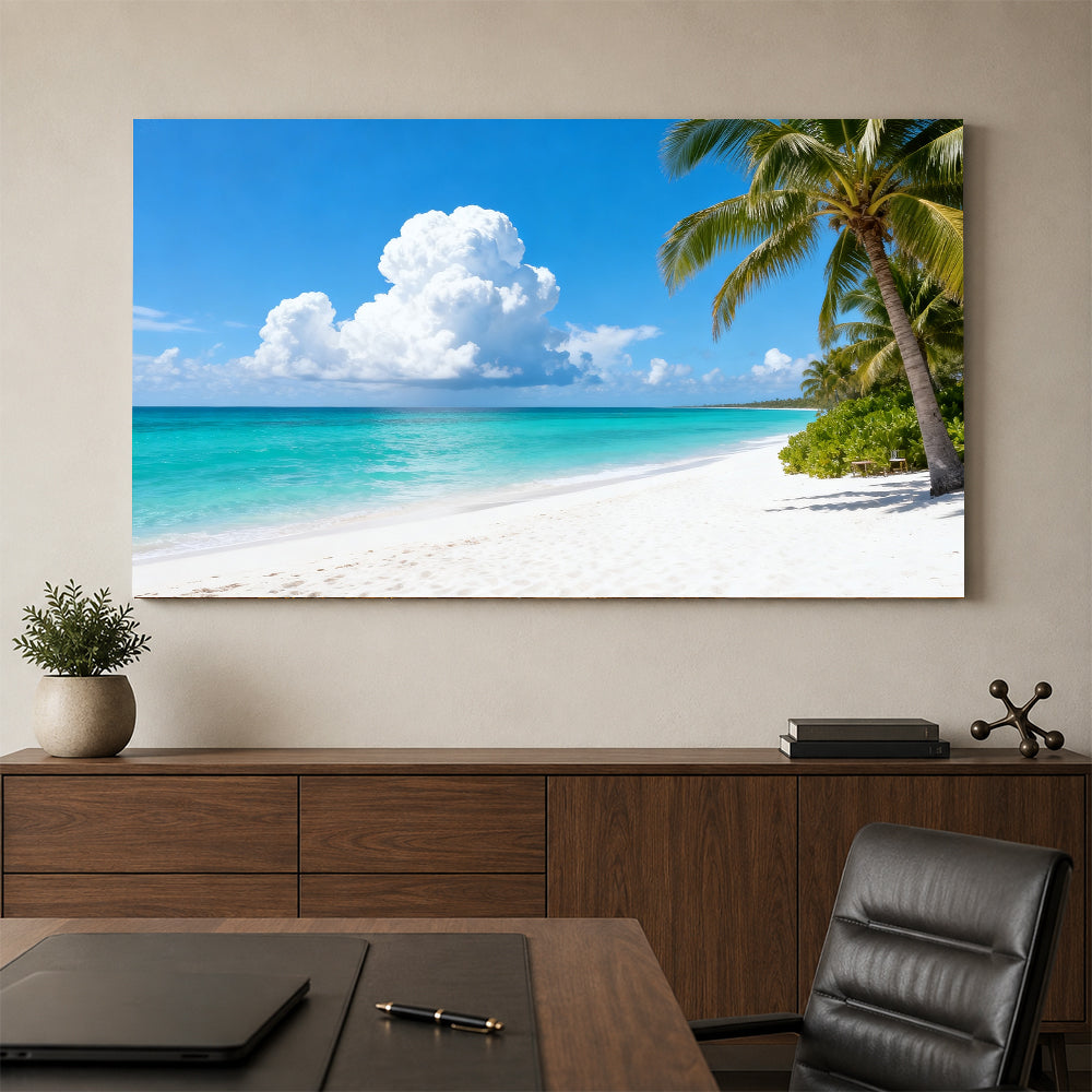 Clouds over Palm Beach canvas wall art, office mockup above a desk.
