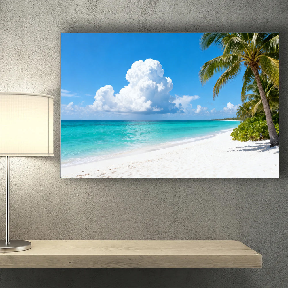 Clouds over Palm Beach canvas wall art, wall mockup above a console.