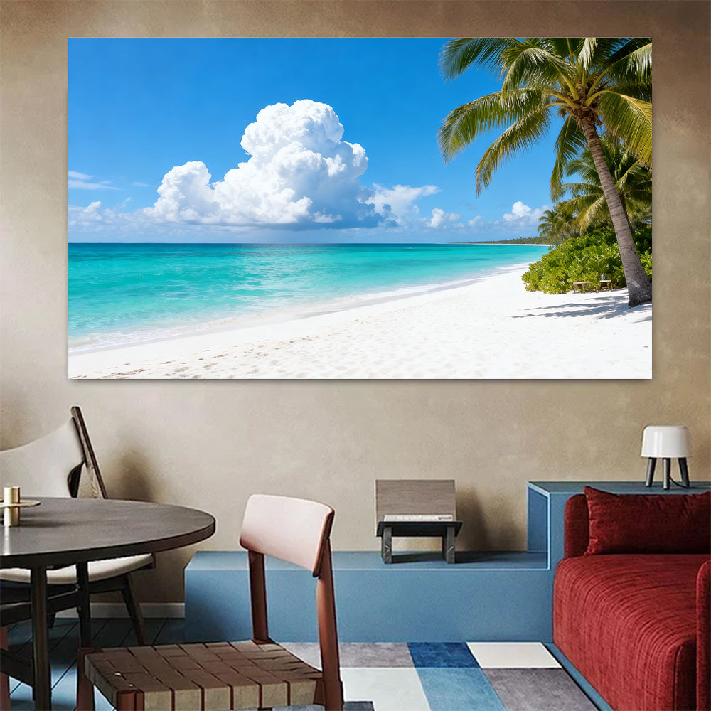 Clouds over Palm Beach canvas wall art, colorful room mockup.