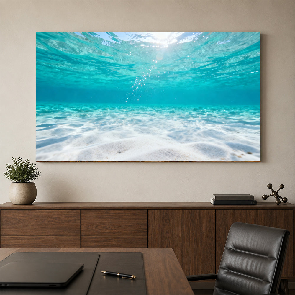 Underwater Sunlit Sand canvas wall art, office mockup above a desk.