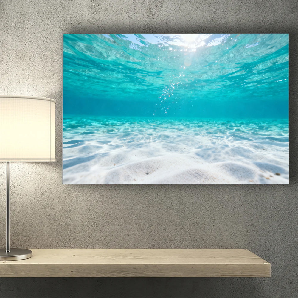 Underwater Sunlit Sand canvas wall art, wall mockup above a console.