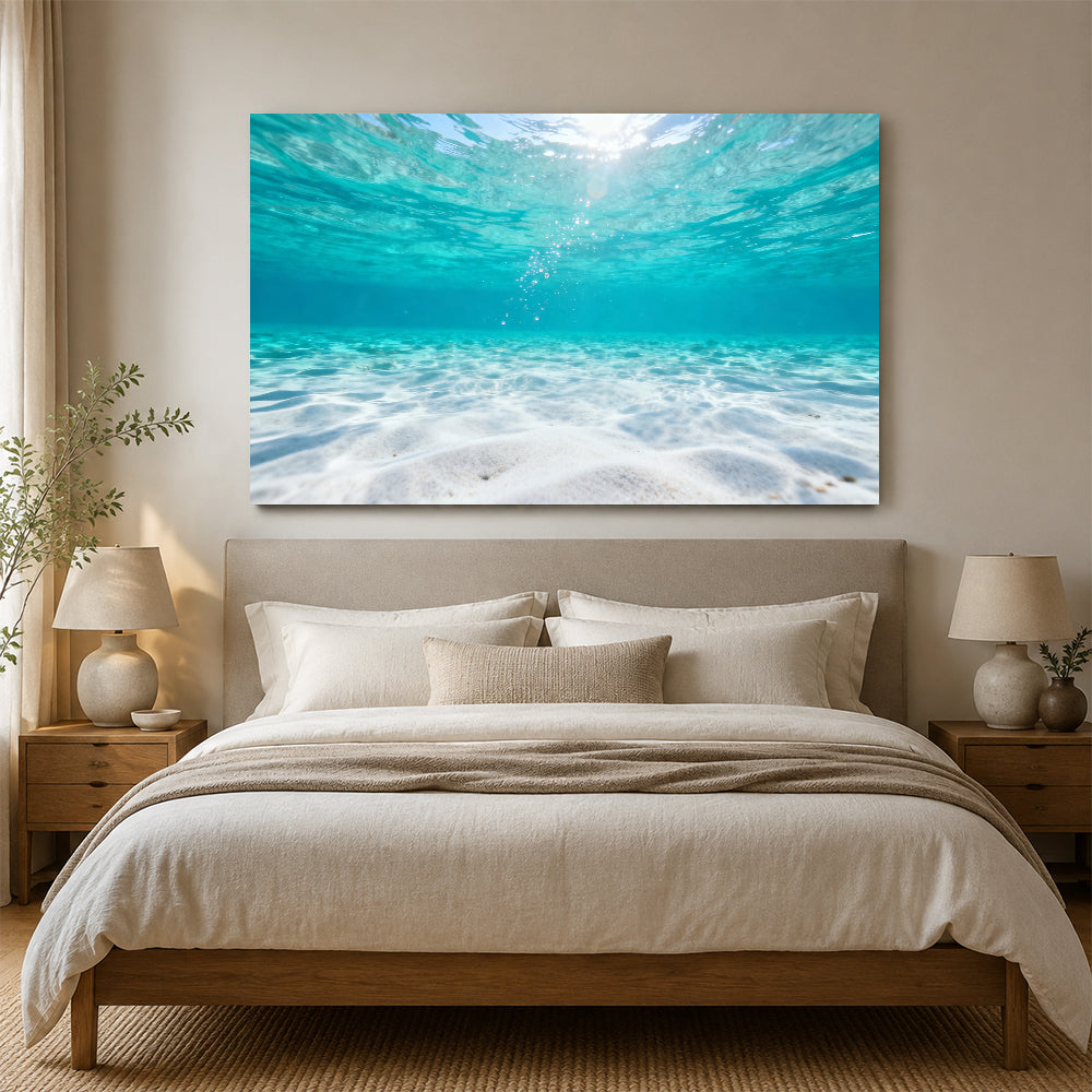 Underwater Sunlit Sand canvas wall art, bedroom mockup above a bed.