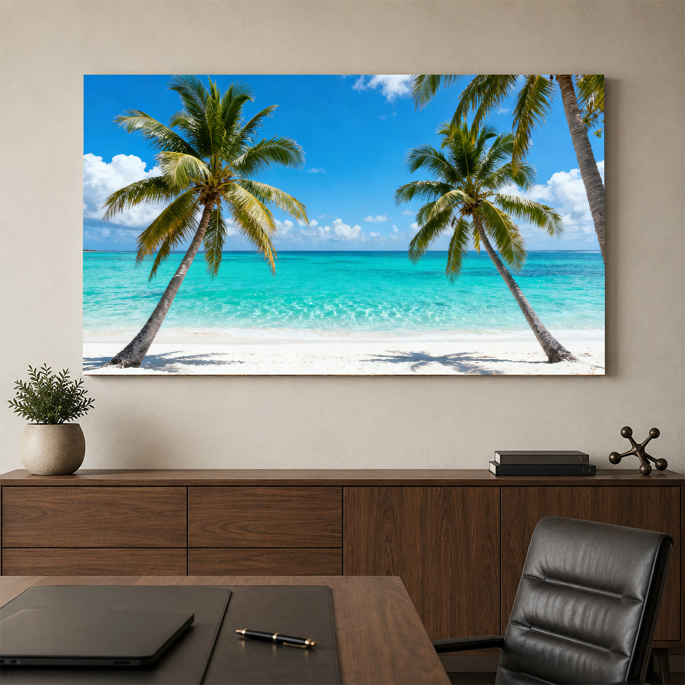 Twin Palms by the Sea canvas wall art, office mockup above a desk.
