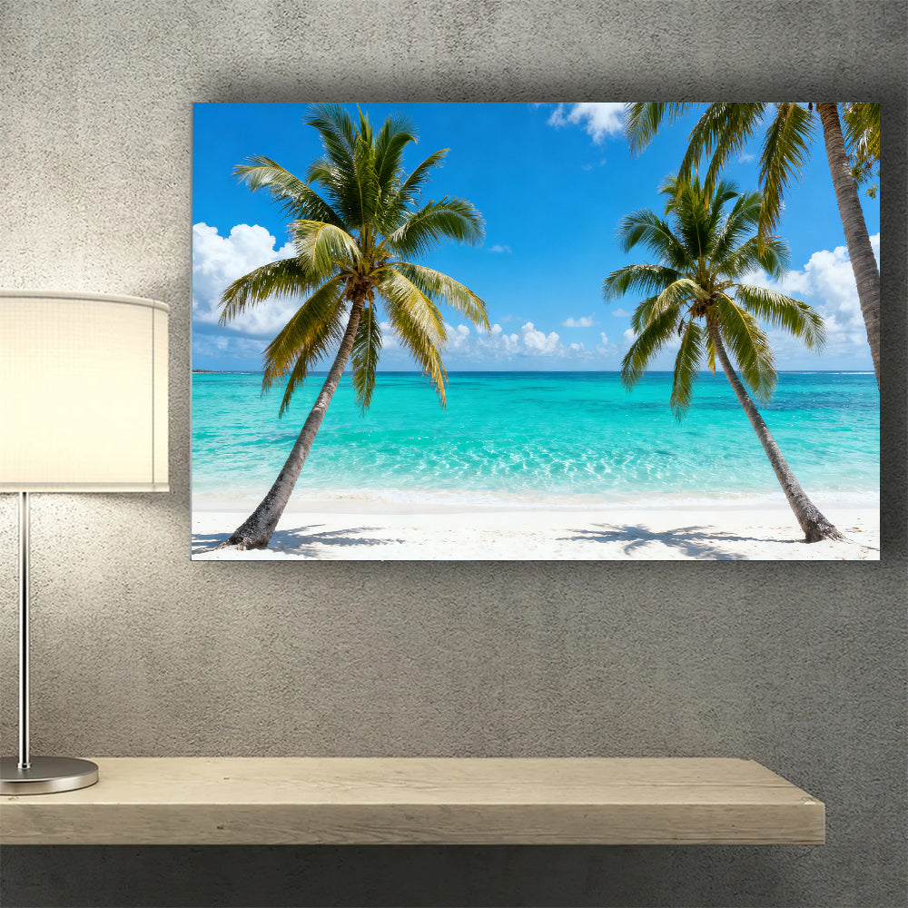 Twin Palms by the Sea canvas wall art, wall mockup above a console.